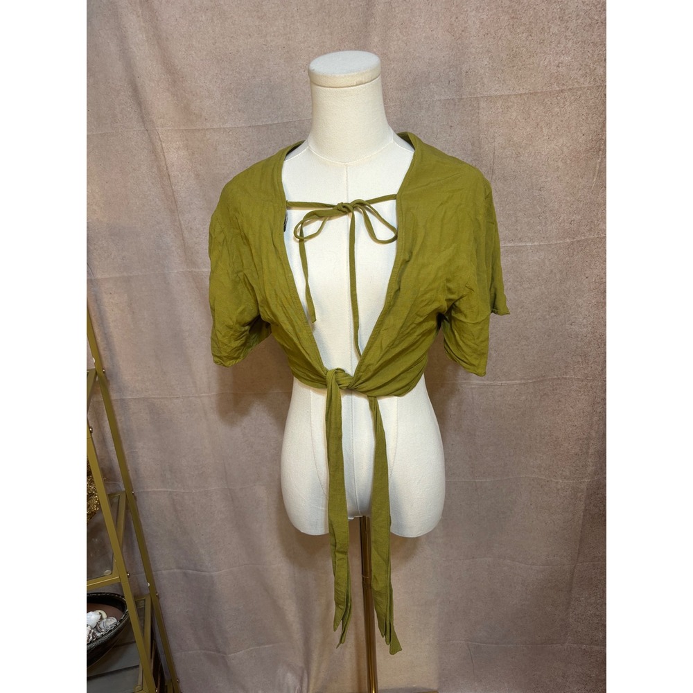 Zara Women Olive Green Linen Blend Tie Front Crop Top Short Sleeve Size Medium‎
